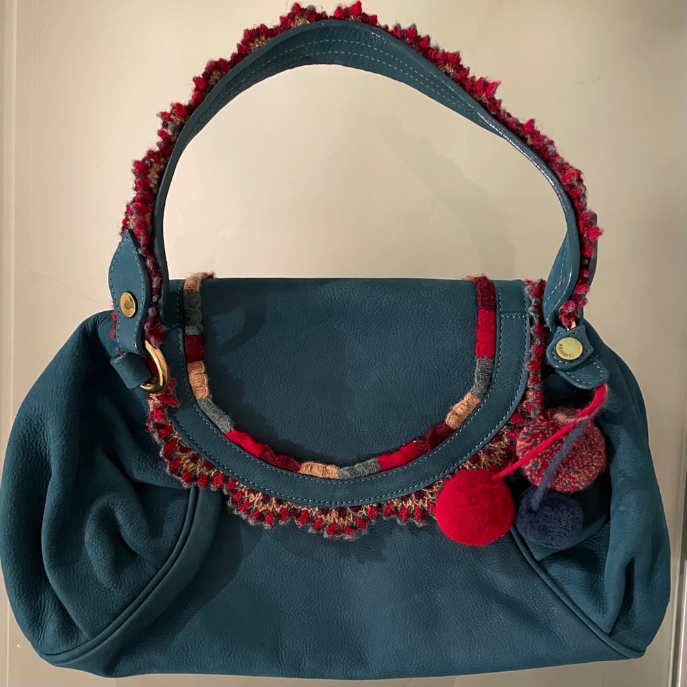 Moschino Blue Leather with Crocheted Accents Shoulder Bag